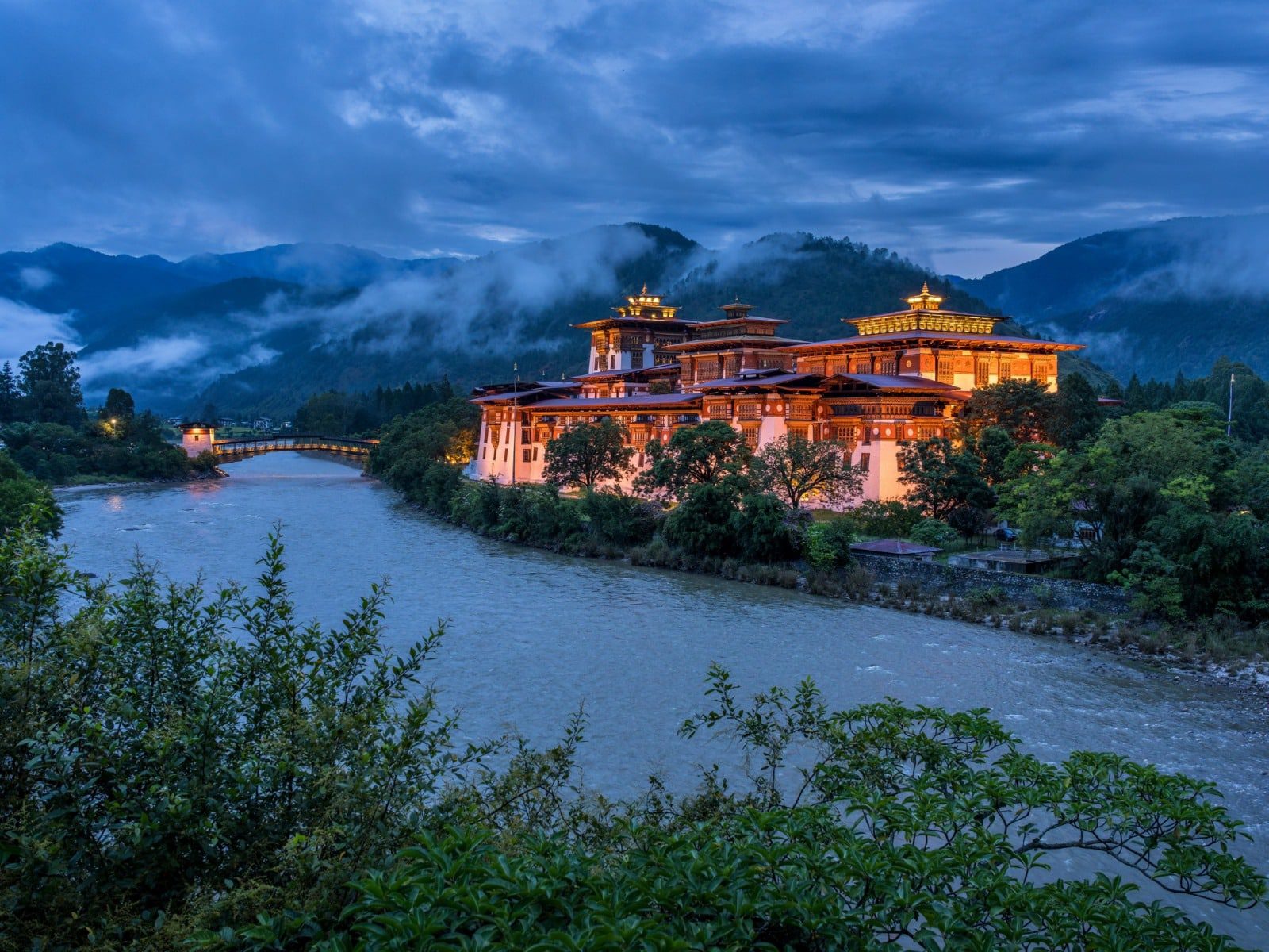 Bhutan landscape with temple at night