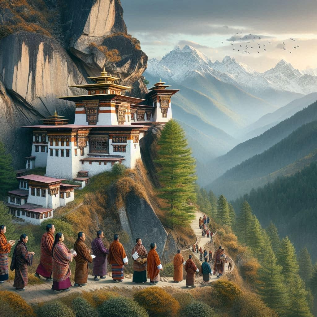 Bhutan monastery and mountains