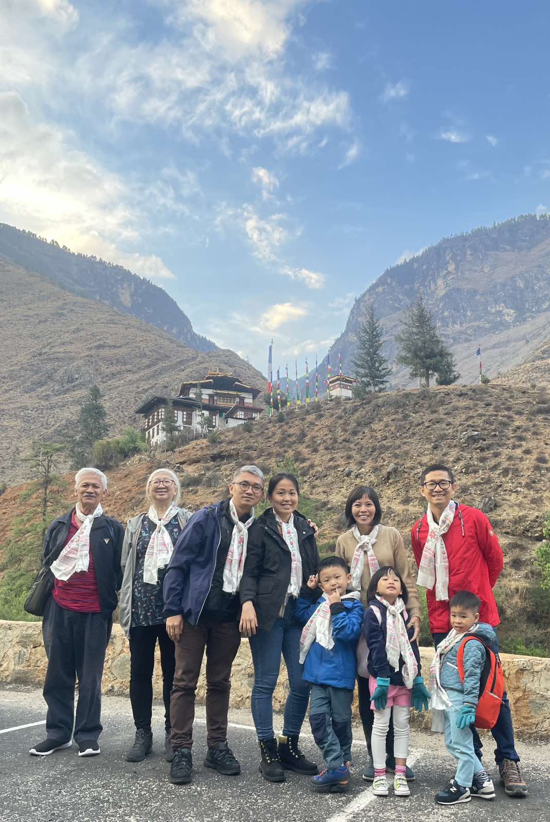 Bhutan landscape with mountains and traditional architecture